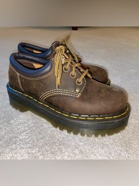 Never Worn Doc Martens 8053 Quad Platform Shoes Nubuck Brown with yellow stich.